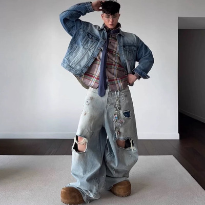 破洞补丁泥染廓形拖地牛仔裤男潮