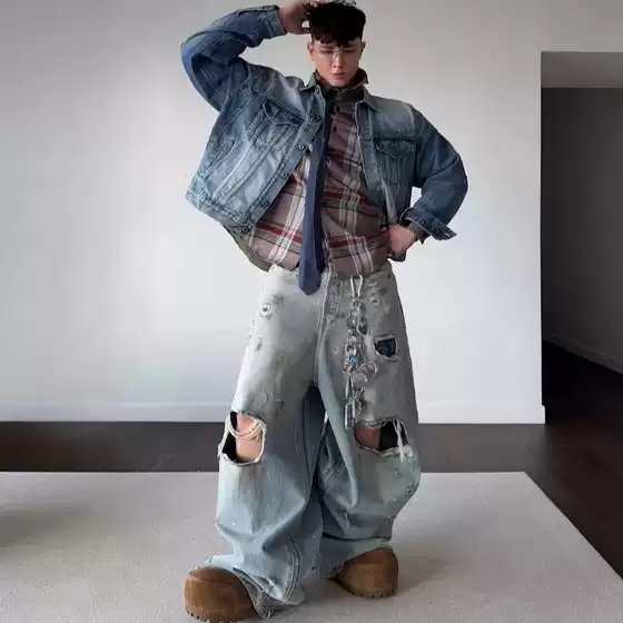 Paris Dark Vtm Style Ripped Patch Mud-Dyed Silhouette Floor-Mopping Jeans Men's Trendy ins Niche Wide Leg Pants