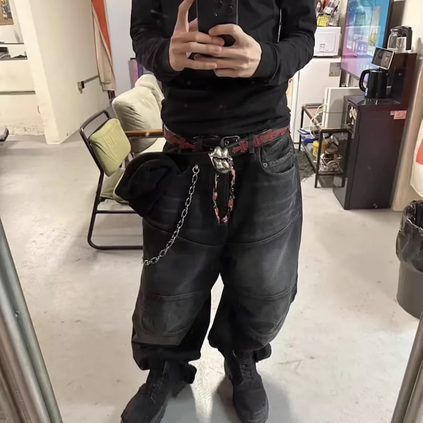 黑色牛仔裤男潮Carti同款阔腿裤