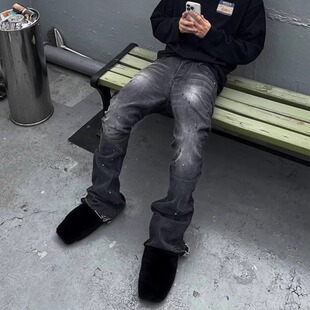 高街美式FAR ARCHIVE VIBE水洗泼墨微喇牛仔裤男潮牌复古毛边长裤