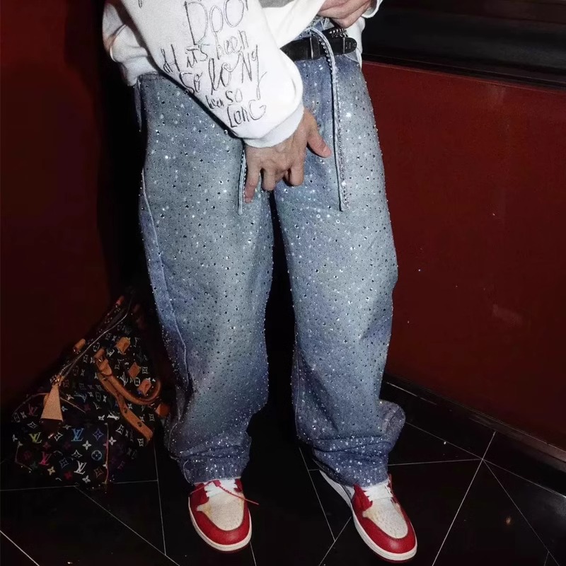 美式高街ac风格满钻水钻宽松直筒牛仔裤男潮牌小众飘绳腰带阔腿裤