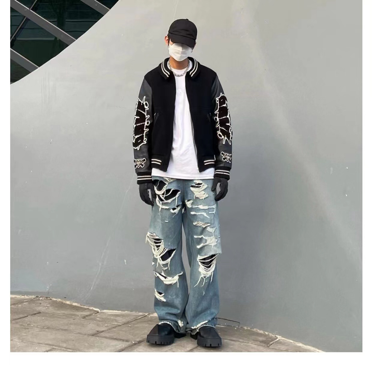 巴黎设计小众水洗做旧双层大破洞流苏手工磨破宽松牛仔阔腿拖地裤