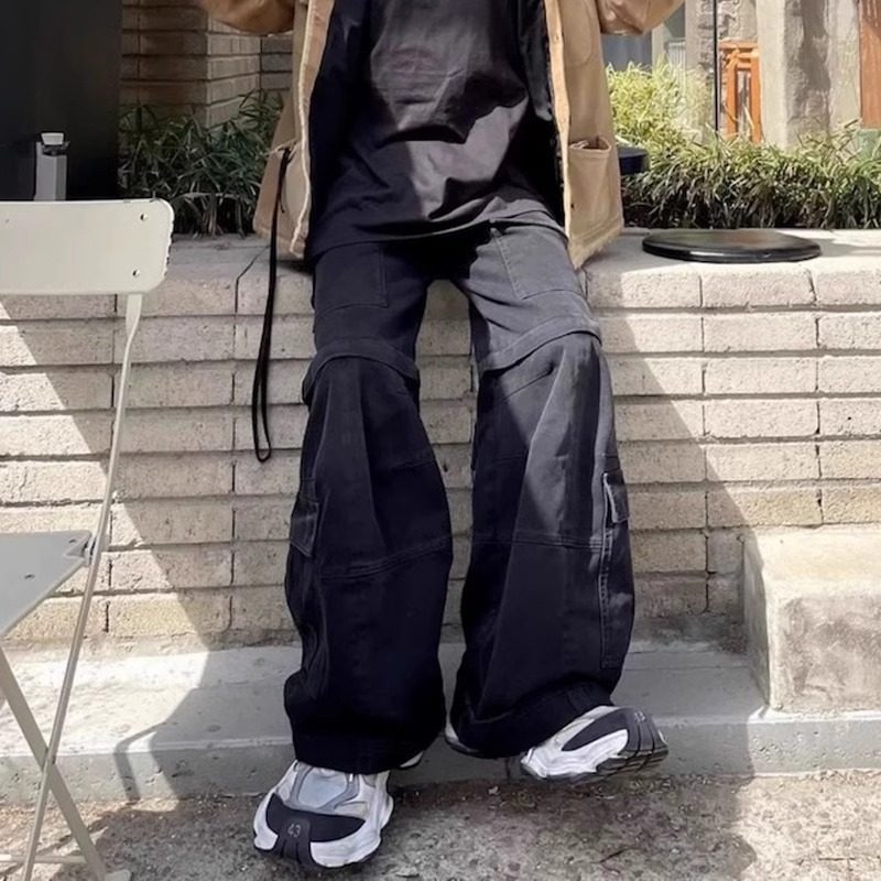 美式高街Flared Cargo做旧水洗微喇工装裤男潮多口袋拉链可拆卸裤