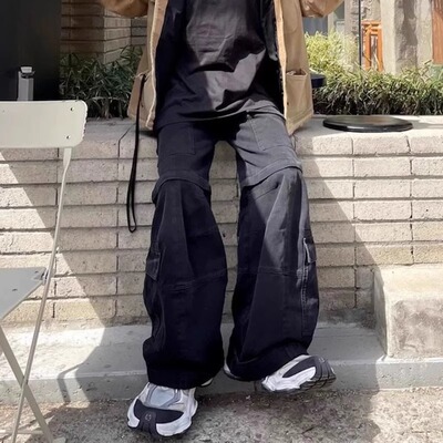 美式高街Flared Cargo做旧水洗微喇工装裤男潮多口袋拉链可拆卸裤