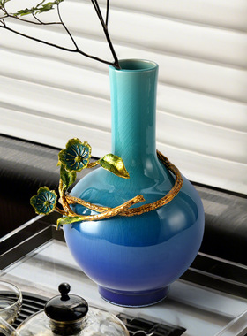 新中式蓝色陶瓷花瓶摆件珐琅彩新中式客厅玄关插花艺术装饰品