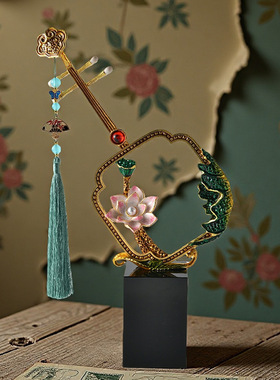 招财玄关装饰珐琅彩琵琶摆件轻奢荷叶荷花公司开业礼物乔迁新居