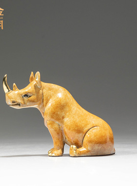 铜艺坊心有灵犀牛黄铜摆件独角兽犀牛彩铜摆件博古架桌面铜器摆设