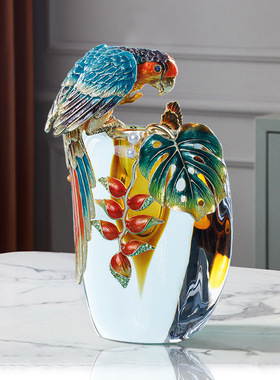 轻奢高端珐琅彩玻璃摆件 客厅玄关欧式美式家居装饰精雕鹦鹉花瓶