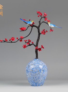 铜艺坊踏雪寻梅喜鹊梅花黄铜摆件花瓶插花客厅电视柜玄关家居摆件