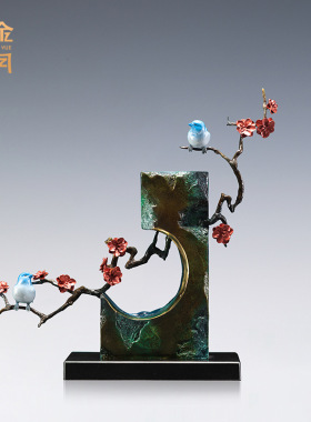 铜艺坊喜上眉梢腊梅花鸟铜摆件办公室老板桌小鸟彩金属彩铜工艺品