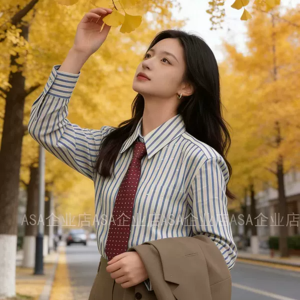 ASANNA "满天星"欧洲进口RIOPELE匹马棉烫钻抗皱条纹长袖衬衫女