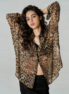 ASA桑蚕丝豹纹开衫春夏真丝轻薄经典豹纹印花长袖上衣衬衫微透感