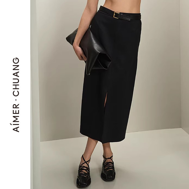 爱慕双面布前开衩纯色女士半身裙