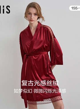 爱美丽秋冬性感法式丝绒薄蕾丝红品女士家居服七分袖睡袍IM48BPL1