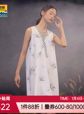 爱慕皇锦-竹韵桑蚕丝印花斜纹缎V领亲肤女士家居无袖睡裙HJ21456