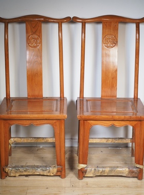 旧货榆木老式实木餐椅家用现代简约靠背牛角椅官帽椅中式酒店餐厅