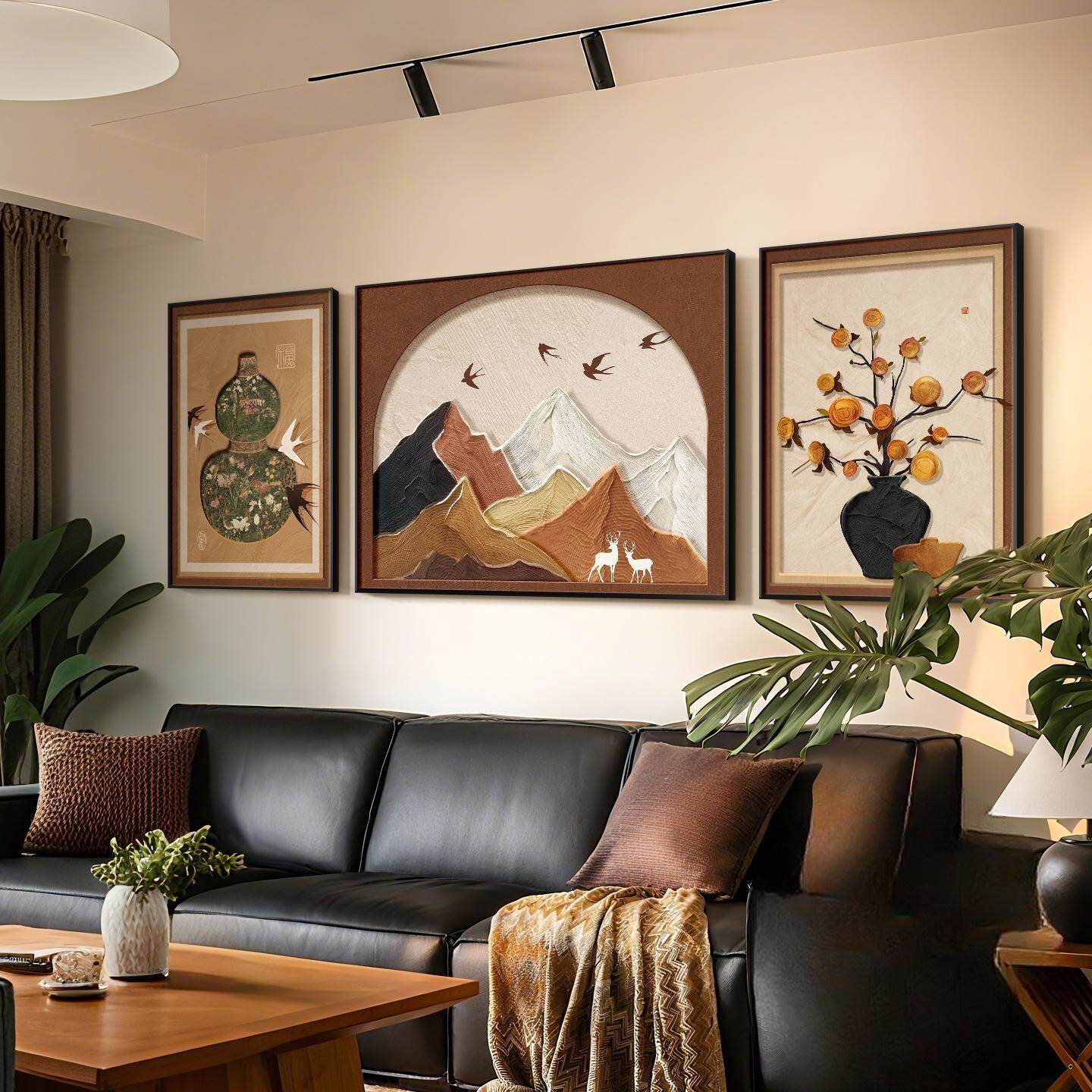 中古风山水客厅装饰画柿柿如意沙发背景墙挂画高级感复古三联壁画,家居饰品,现代装饰画,淘宝优惠券,粉丝福利购,淘宝优惠卷