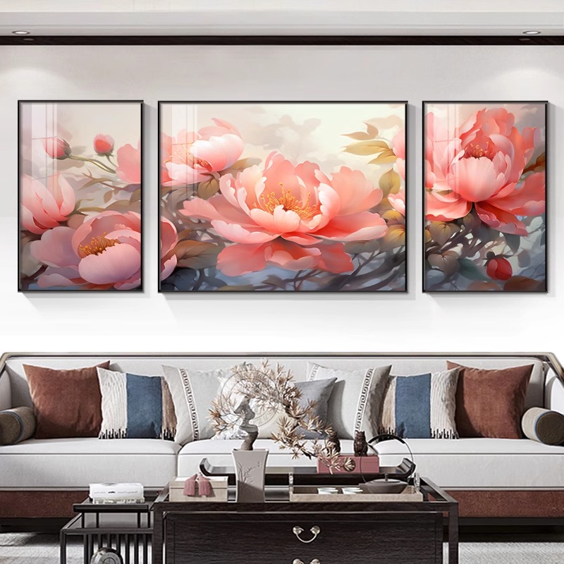 花开富贵客厅装饰画新中式牡丹花三联墙壁画高级感沙发背景墙挂画