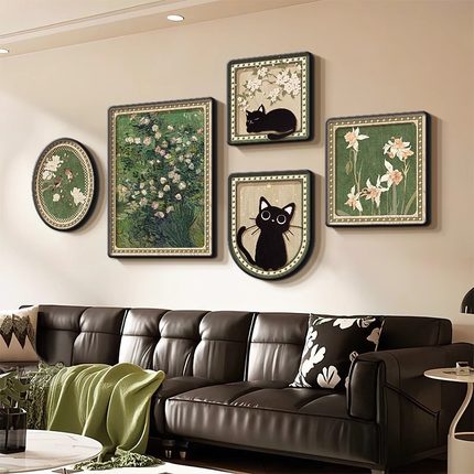 中古风绿色客厅装饰画猫咪组合高级感壁画法式复古沙发背景墙挂画