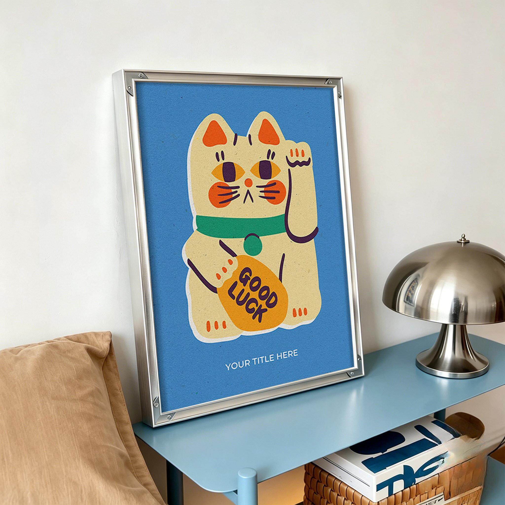 招财猫包豪斯客厅装饰画可爱卡通猫咪挂画现代艺术感卧室玄关壁画