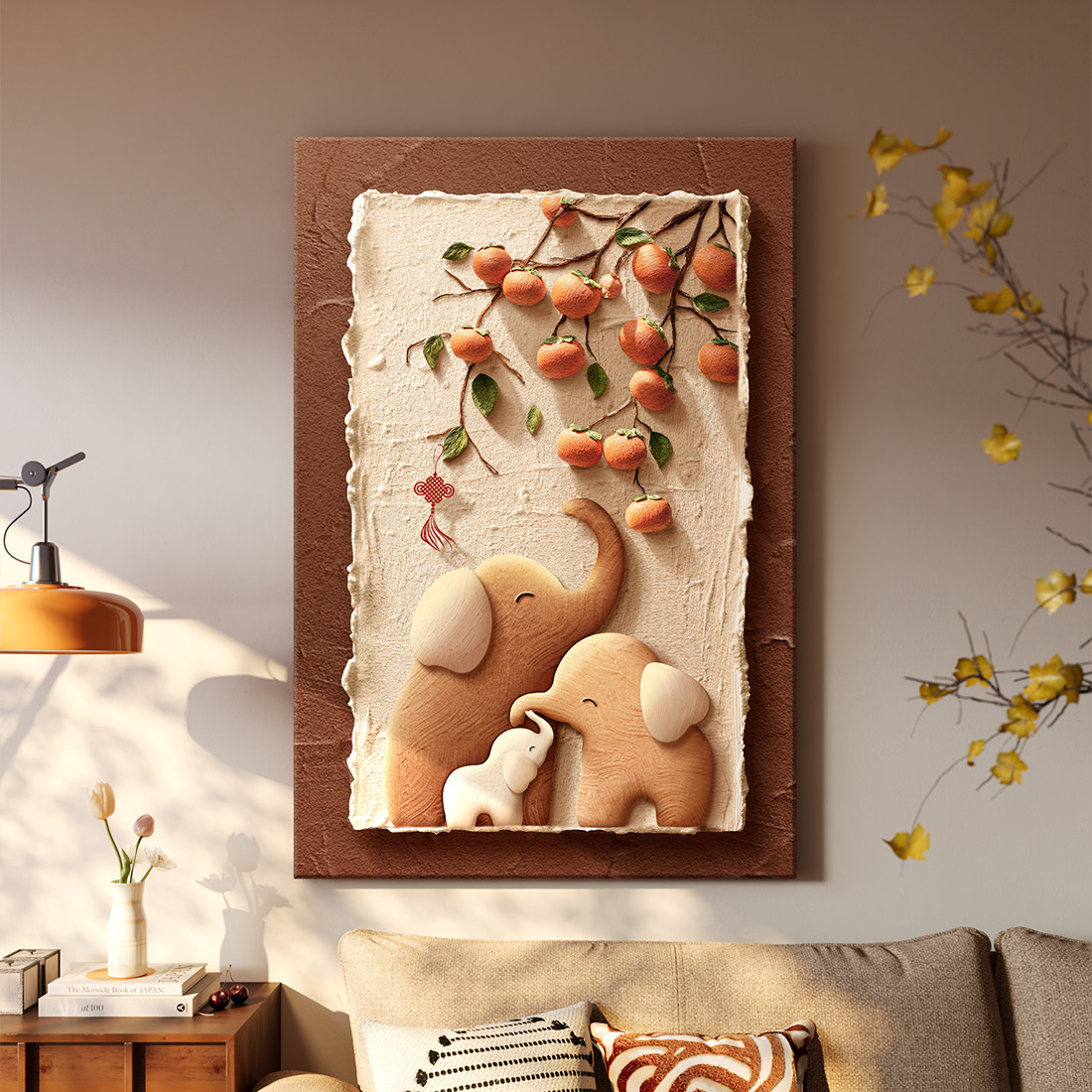 中古风大象客厅装饰画柿柿如意大气沙发背景墙挂画高级感玄关壁画,家居饰品,现代装饰画,淘宝优惠券,粉丝福利购,淘宝优惠卷