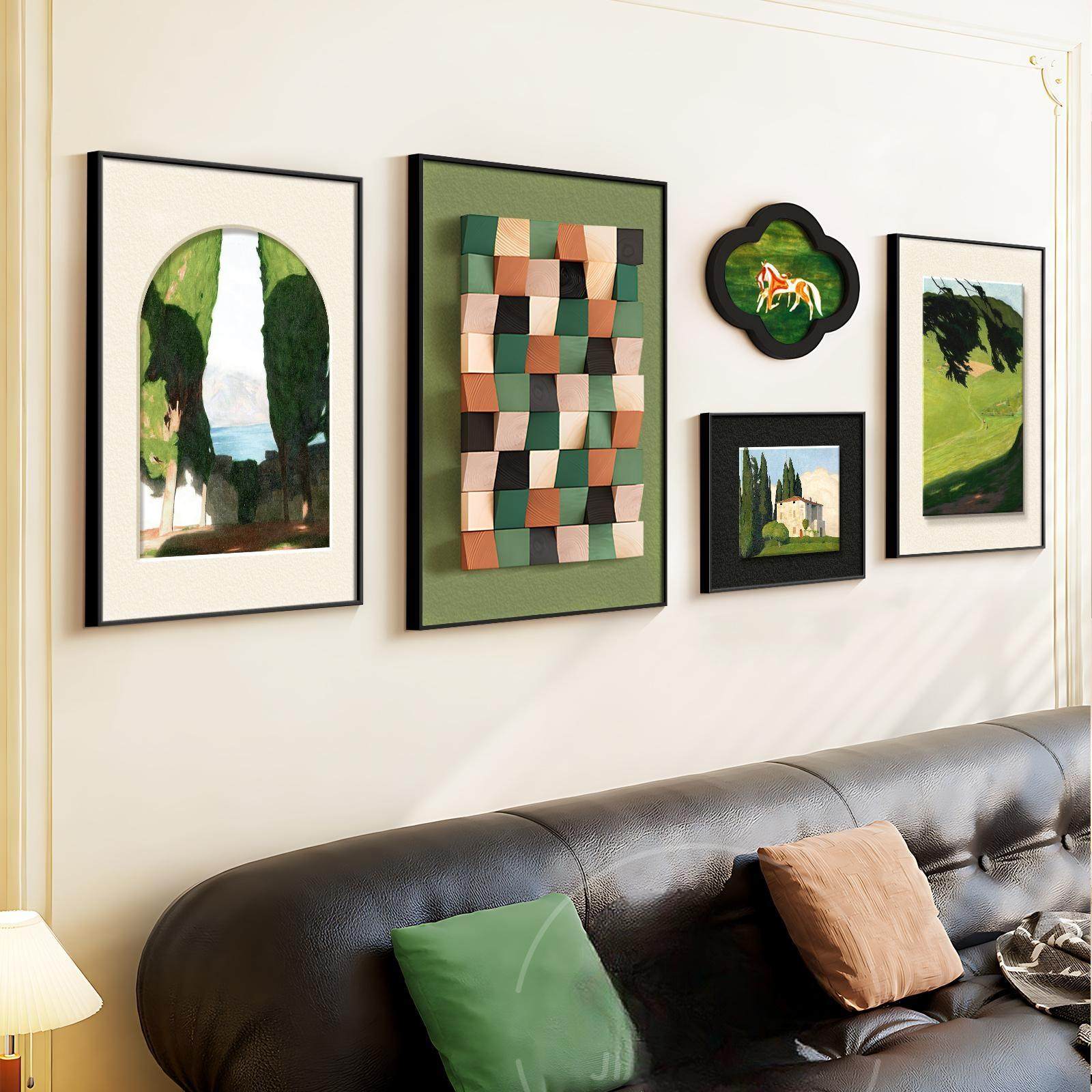 法式复古客厅装饰画高级感沙发背景墙挂画小众绿色风景组合墙壁画,家居饰品,现代装饰画,淘宝优惠券,粉丝福利购,淘宝优惠卷