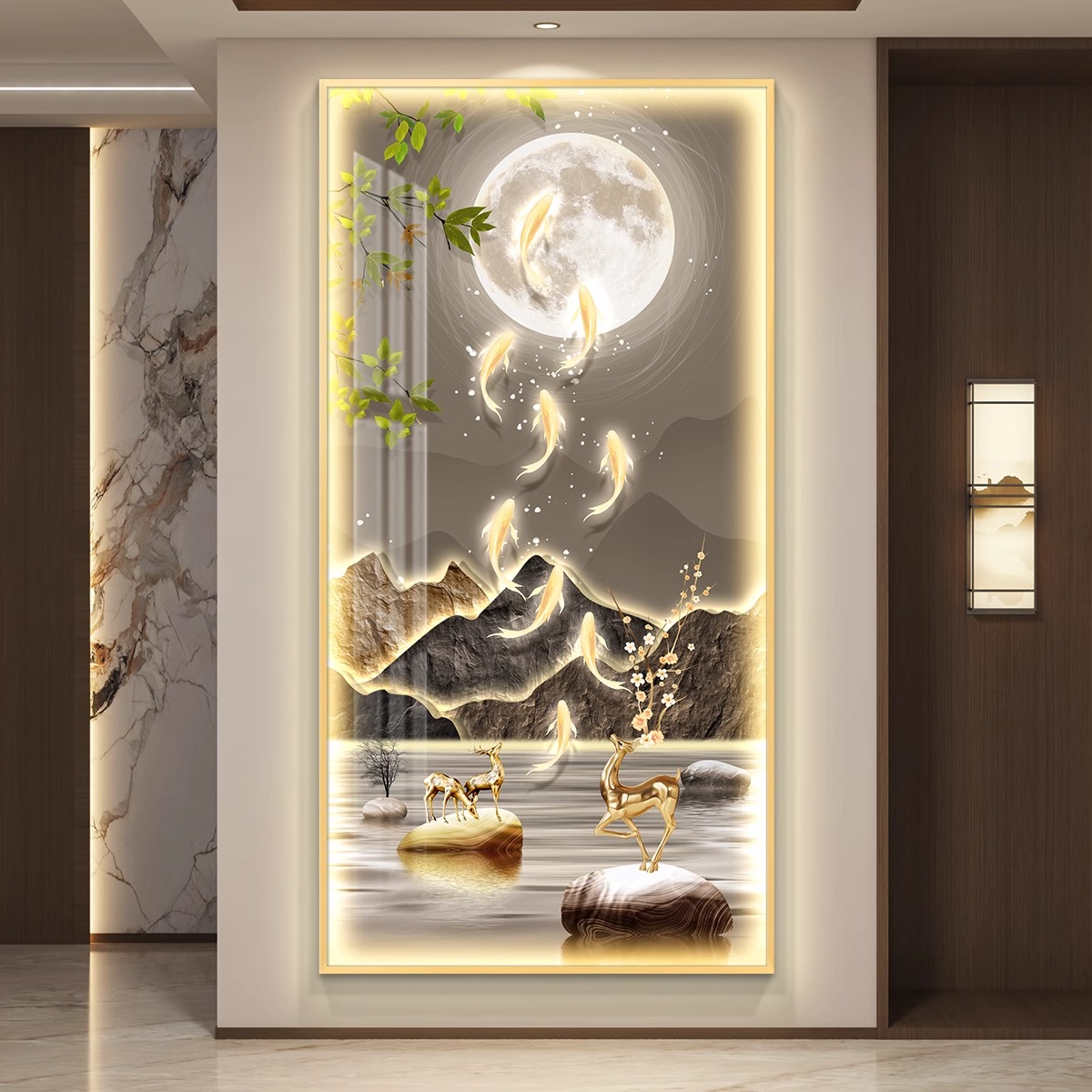 九鱼图LED灯玄关装饰画轻奢高端入户正对门挂画走廊过道尽头壁画图片