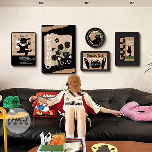 中古风猫咪客厅装饰画卡通复古沙发背景墙挂画创意多巴胺组合壁画