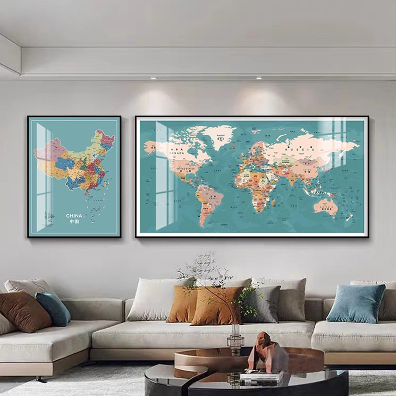 中英文中国世界地图双联装饰画客厅沙发背景墙挂画书房办公室壁画,家居饰品,现代装饰画,淘宝优惠券,粉丝福利购,淘宝优惠卷