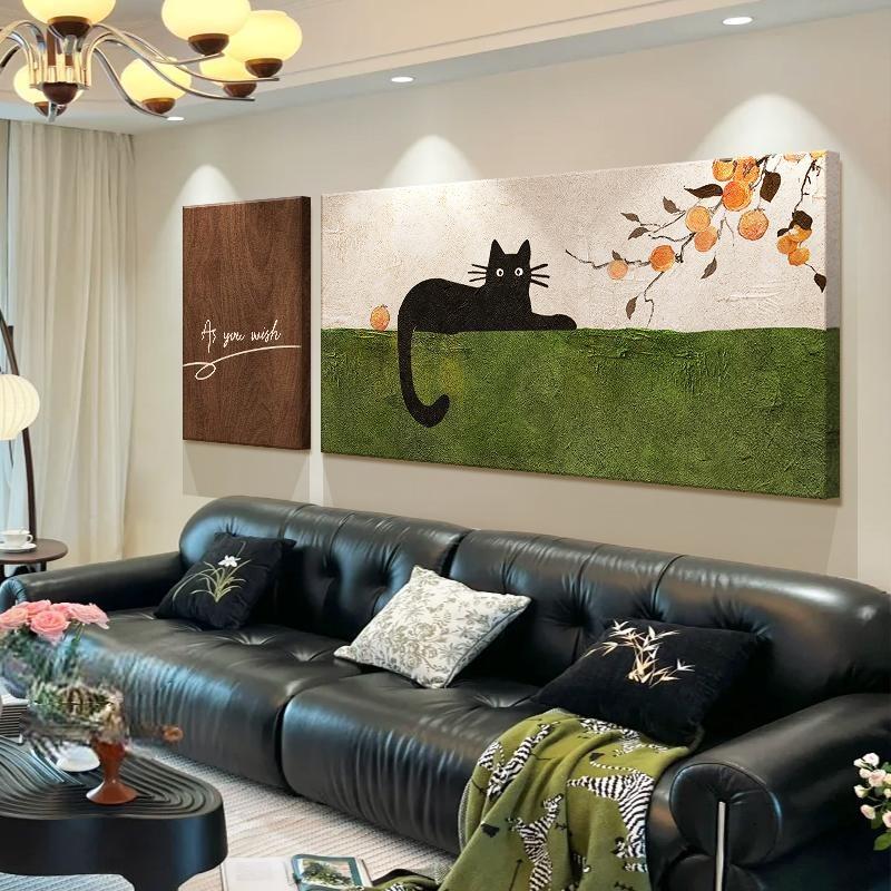 中古风猫咪客厅装饰画2025新款沙发背景墙挂画柿柿如意高级感壁画图片