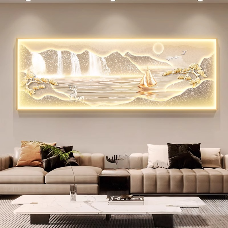 背有靠山客厅装饰画大气led灯沙发背景墙挂画轻奢高级感山水壁画