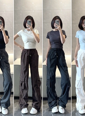 luqi lulu显瘦速干防水工装中腰大长腿神裤运动直筒口袋丢丢裤女