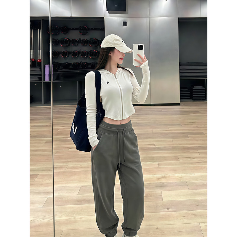 luqi lulu双层腰头scub直筒运动薄绒束脚长裤显瘦休闲百搭神裤女