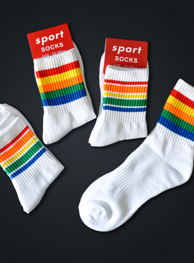 4双装男袜纯棉彩虹条纹加厚毛巾底吸汗透气运动中筒男士潮袜子
