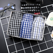 阿罗裤 宽松舒适开叉平角裤 男士 家居四角内裤 纯棉格子大码 三条装