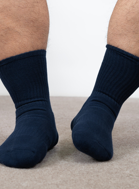 酷宝先生纯棉中长筒袜男秋冬毛巾底吸汗透气运动袜深蓝色防臭袜