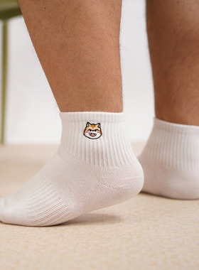 酷宝先生男士中筒刺绣可爱狗狗猫咪纯棉袜子运动吸汗防臭男生短袜