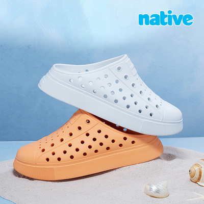 native洞洞鞋春夏新品半拖厚底男女同款一脚蹬沙滩情侣拖鞋