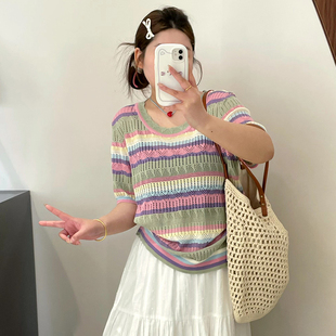 胖mm宽松短袖 大码 2025夏款 女装 t恤 圆领镂空上衣女彩色条纹针织衫