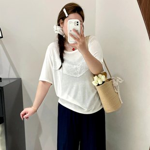 t恤女 大码 女装 圆领设计感拼接花边上衣2025夏款 胖mm宽松针织短袖