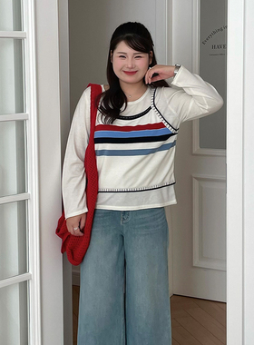 大码女装设计感撞色假两件上衣2026春胖mm宽松休闲针织衫女23808