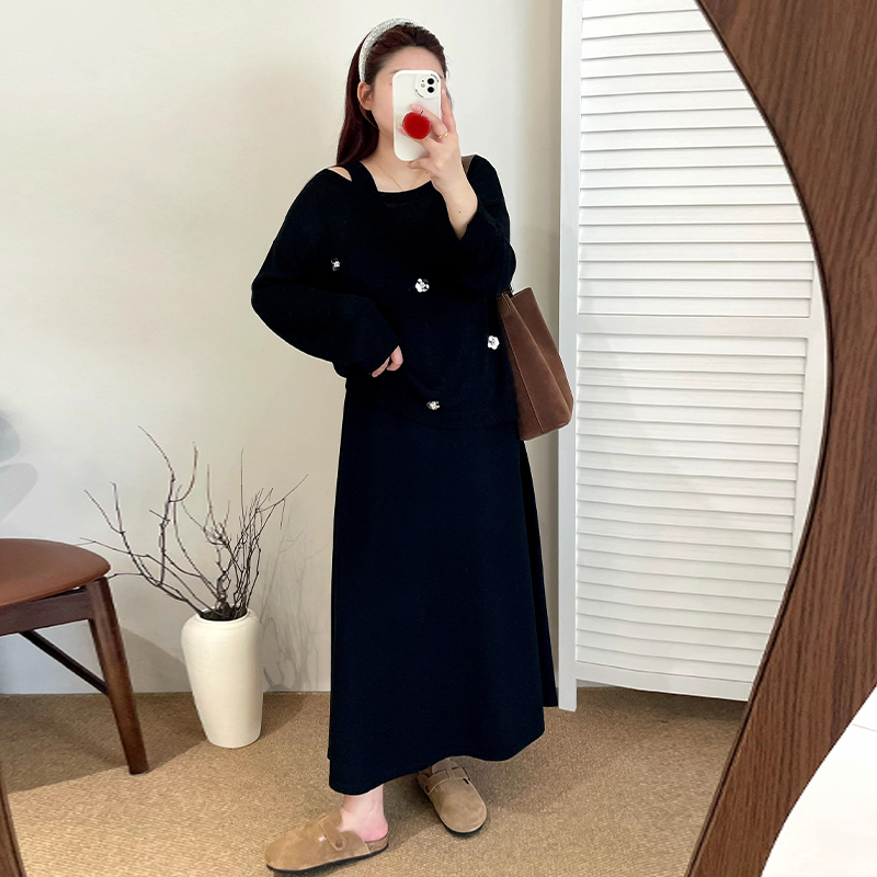 大码女装钉花针织衫女内搭背心裙套装2025秋季新款胖mm宽松两件套