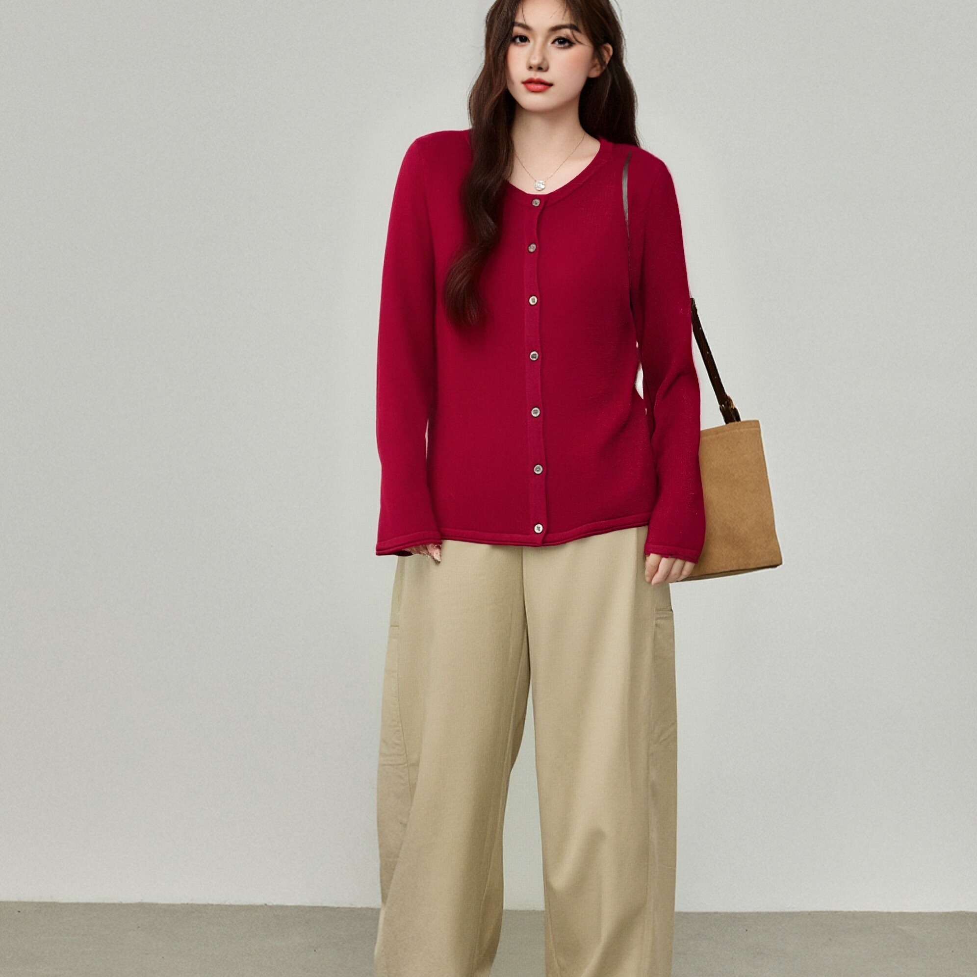 大码女装圆领休闲百搭长袖上衣女外套2024秋胖mm宽松显瘦针织开衫