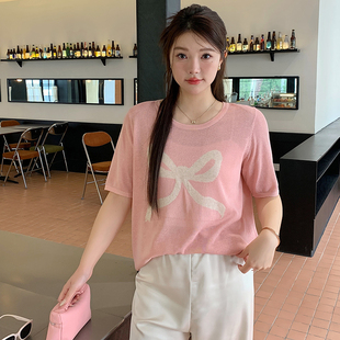清仓 女薄款 圆领蝴蝶结针织衫 t恤 上衣夏2024新款 胖mm宽松短袖