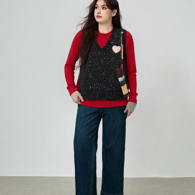 大码女装外穿内搭无袖上衣女刺绣爱心针织衫2024秋冬胖mm马甲背心
