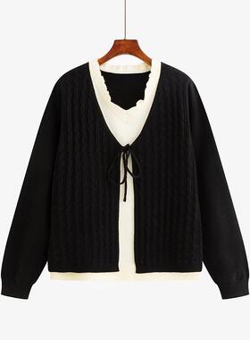 大码女装假两件绑带上衣女2025冬款胖mm撞色针织衫休闲毛衣23582