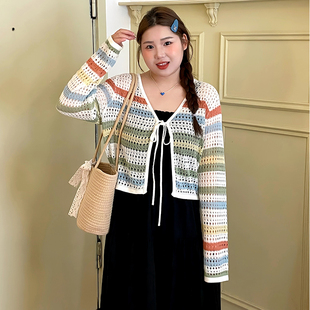 条纹外套2025夏胖mm百搭针织开衫 大码 上衣女薄款 女装 V领镂空短款