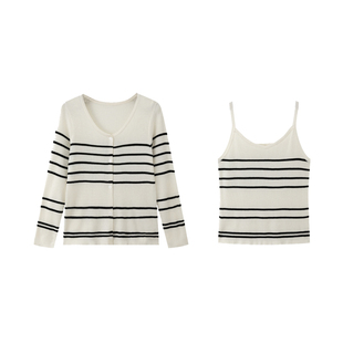 大码女装撞色条纹针织套装2025春款胖mm内搭吊带女长袖开衫两件套