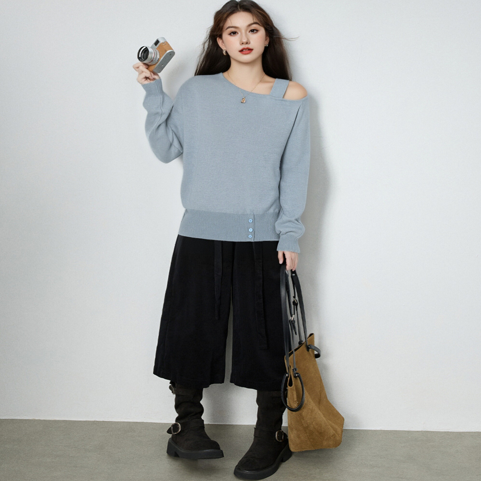 大码女装设计感露肩长袖上衣2025春新款胖妹妹mm宽松休闲针织衫女