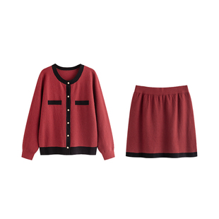 【清仓】气质小香风针织套装2024秋胖mm撞色毛衣女a字半裙两件套